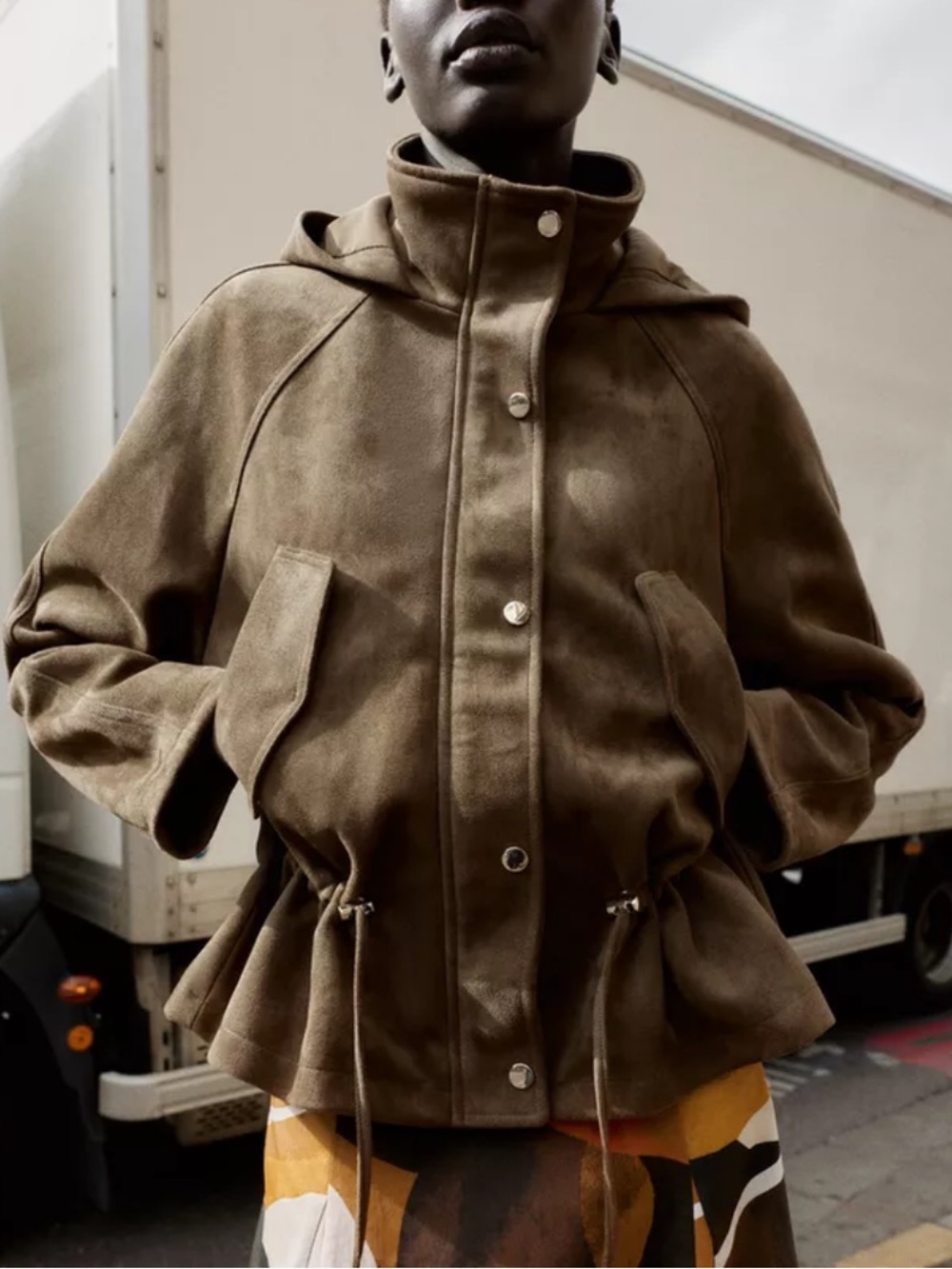 Zara Olive Brown Hooded Suede Jacket